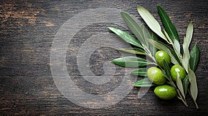 Fresh green olives on dark wooden background