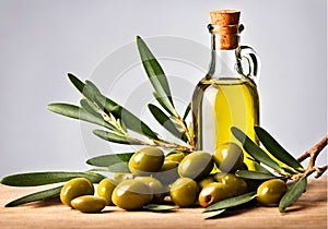 Fresh green olives and a jar of olive oil, with a branch with leaves.