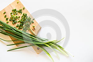Fresh green onion feathers and cut into pieces on a wooden chopping Board. Top view, flat lay, copying space isolated on white