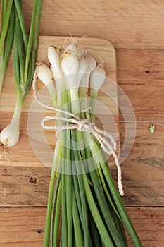 Fresh green onions on wood background.