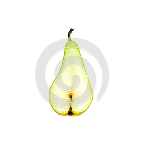 Fresh green organic sliced pear half close up isolated on white background.