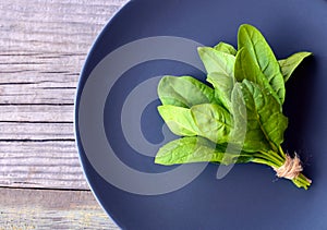 Fresh green organic spinach bundle leaves on old wooden table background.