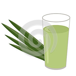 Fresh green pandan leaves and glass of pandan tea isolated on white.