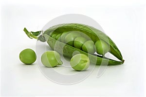 Fresh green pea pod with beans isolated on white background.