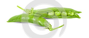 Fresh green pea pod with beans isolated on white background