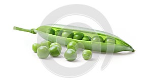 Fresh green pea pod with beans isolated on white background