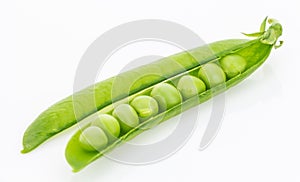 Fresh green pea pod closeup, isolated on white
