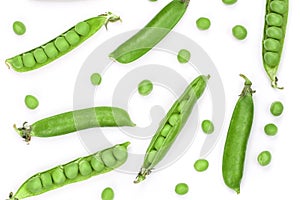 Fresh green pea pod isolated on white background with copy space for your text. Top view. Flat lay pattern