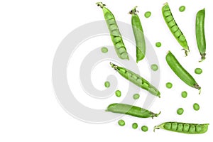 Fresh green pea pod isolated on white background with copy space for your text. Top view. Flat lay pattern