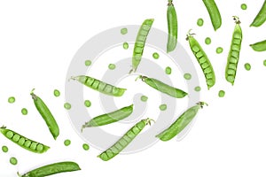 Fresh green pea pod isolated on white background with copy space for your text. Top view. Flat lay pattern