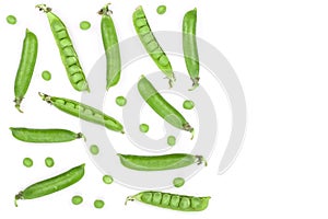 Fresh green pea pod isolated on white background with copy space for your text. Top view. Flat lay pattern