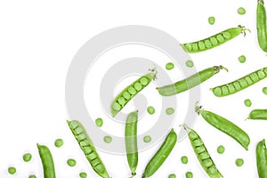 Fresh green pea pod isolated on white background with copy space for your text. Top view. Flat lay pattern