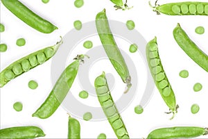 Fresh green pea pod isolated on white background with copy space for your text. Top view. Flat lay pattern