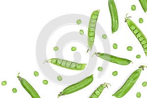 Fresh green pea pod isolated on white background with copy space for your text. Top view. Flat lay pattern