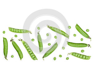 Fresh green pea pod isolated on white background with copy space for your text. Top view. Flat lay pattern