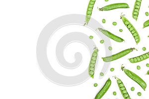 Fresh green pea pod isolated on white background with copy space for your text. Top view. Flat lay pattern