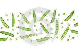 Fresh green pea pod isolated on white background with copy space for your text. Top view. Flat lay pattern