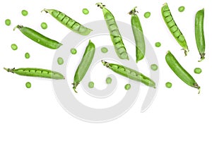 Fresh green pea pod isolated on white background with copy space for your text. Top view. Flat lay pattern