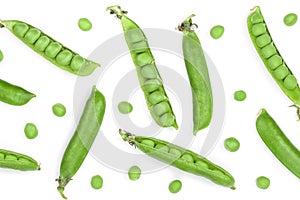 Fresh green pea pod isolated on white background with copy space for your text. Top view. Flat lay pattern