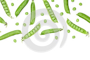 Fresh green pea pod isolated on white background with copy space for your text. Top view. Flat lay pattern