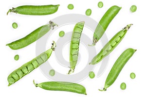 Fresh green pea pod isolated on white background with copy space for your text. Top view. Flat lay pattern