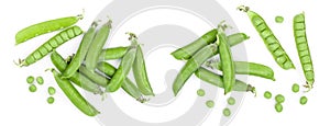 Fresh green pea pod isolated on white background. Top view. Flat lay