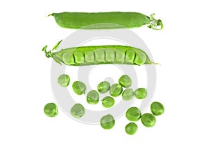 Fresh green pea pods and peas on a white background