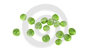 Fresh green pea pods and peas on white background, top view