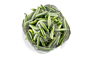 Fresh Green pea pods in white bowl isolated on white background