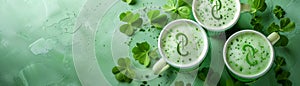 Fresh Green Pea Soup with Mint Garnish in Ceramic Bowls on a Light Green Background with Water Droplets