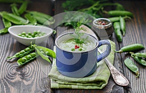 Fresh green pea soup with pea seeds and pea pods