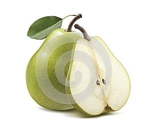 Fresh green pear half isolated on white background photo