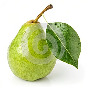 Fresh Green Pear with Leaf isolated on transparent background photo