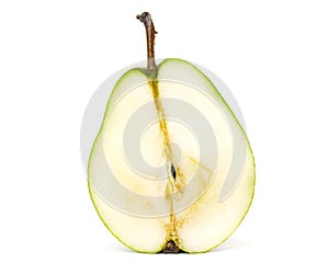 Fresh green pear with leaf, isolated on white background