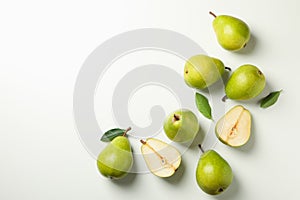 Fresh green pears on white background, top view