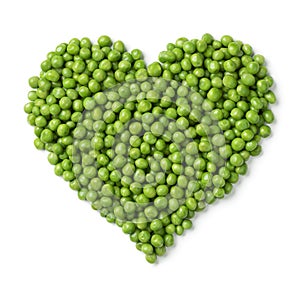Fresh green peas in heart shape isolated on white background