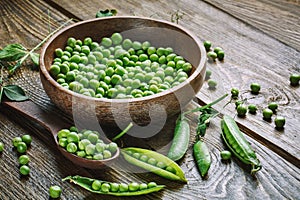 Fresh green peas in pods. Horizontal background. Background with copy space. Horizontal. Top view.