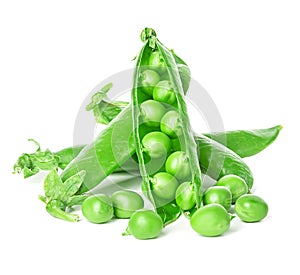 Fresh green peas pods isolated on white