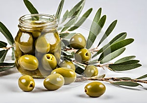 Fresh green pitted olives on a jar, with a branch with leaves.