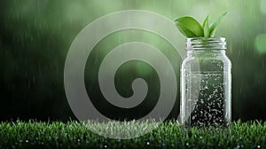 A fresh green plant in a glass jar, surrounded by gentle rain, set against a lush grass backdrop, photo
