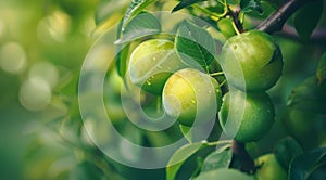 Fresh green plums on a tree branch with dew drops photo