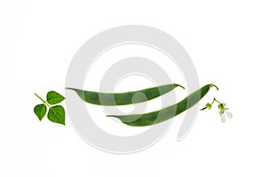 Fresh green runner bean pods with leaves isolated on white background