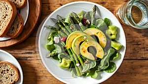 Fresh Green Salad With Avocado And Asparagus Served On A Wooden Table With Bread And Water photo