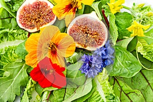 Fresh green salad with flowers and fig fruits. healthy food