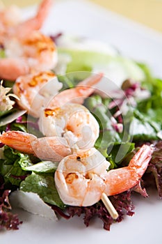 Fresh green salad with grilled shrimps