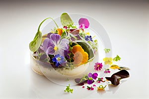 Fresh green salad with herbs and edible garden flowers. Healthy food. AI Generated