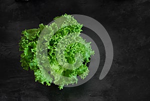 Fresh green salad lettuce on black textured background.