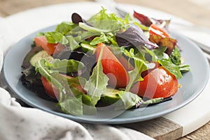 Fresh Green Salad with Mix Greens Leaves Spinach, Augula, Basil, Lettuce, tomatoe, Cucumber. rustic Style, Wooden Background. Heal