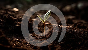 Fresh green seedling grows in wet dirt, symbolizing new life generated by AI