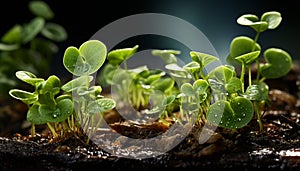 Fresh green seedling grows in wet dirt, symbolizing new life generated by AI